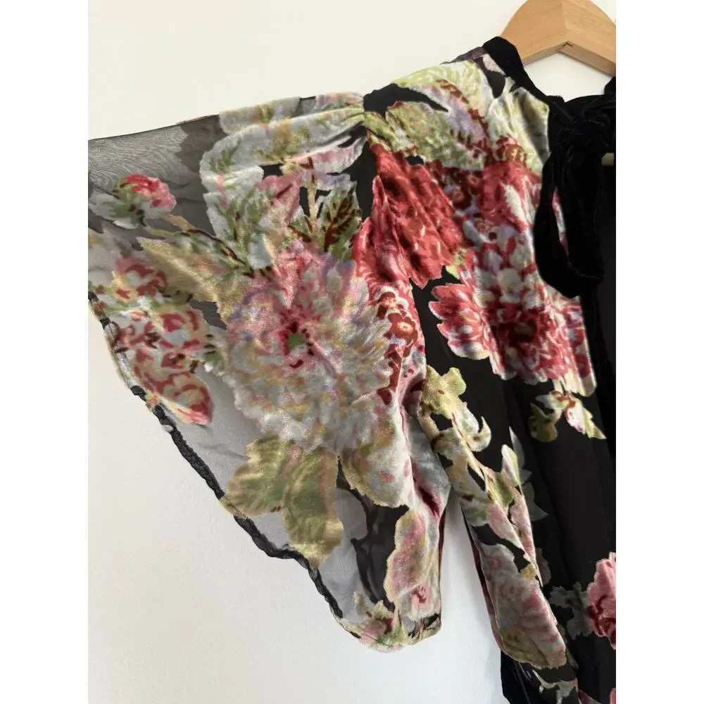 ZARA Devore Floral Burnout Velvet Mini Dress Tie Waist XS Whimsigoth Romantic - Picture 10 of 15